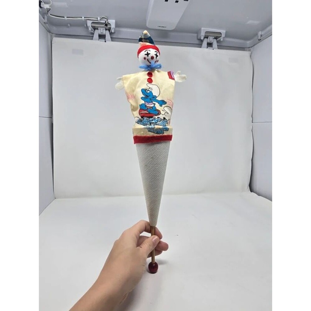 Vintage Smurf Pop-Up Clown Puppet | 1980s Retro Cone Push Puppet Toy